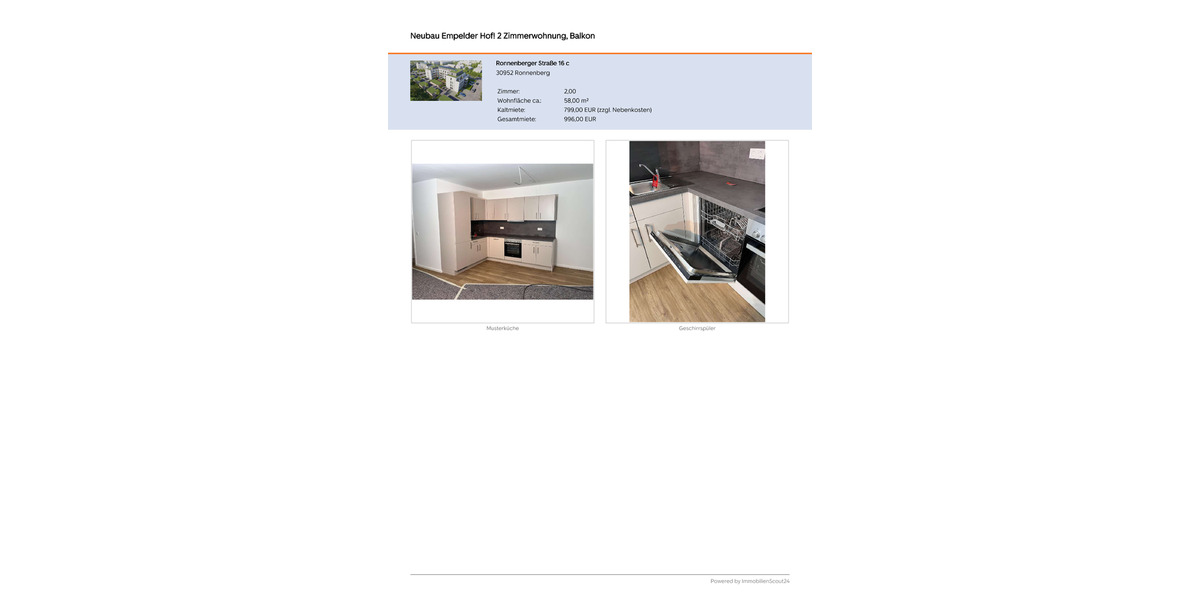 Etagenwohnung Ronnenberg - 2 Zimmer, 58 m&sup2;, 799&euro; | Angebot:25783981