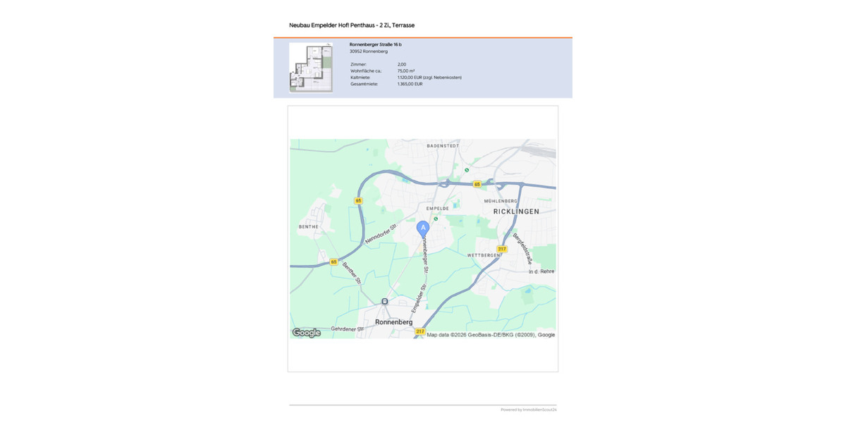 Einfamilienhaus Ronnenberg - 2 Zimmer, 75 m&sup2;, 1.120&euro; | Angebot:25783977