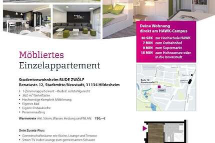 Wohnung Hildesheim - 1 Zimmer, 36 m&sup2;, 750&euro; | Angebot:24982931