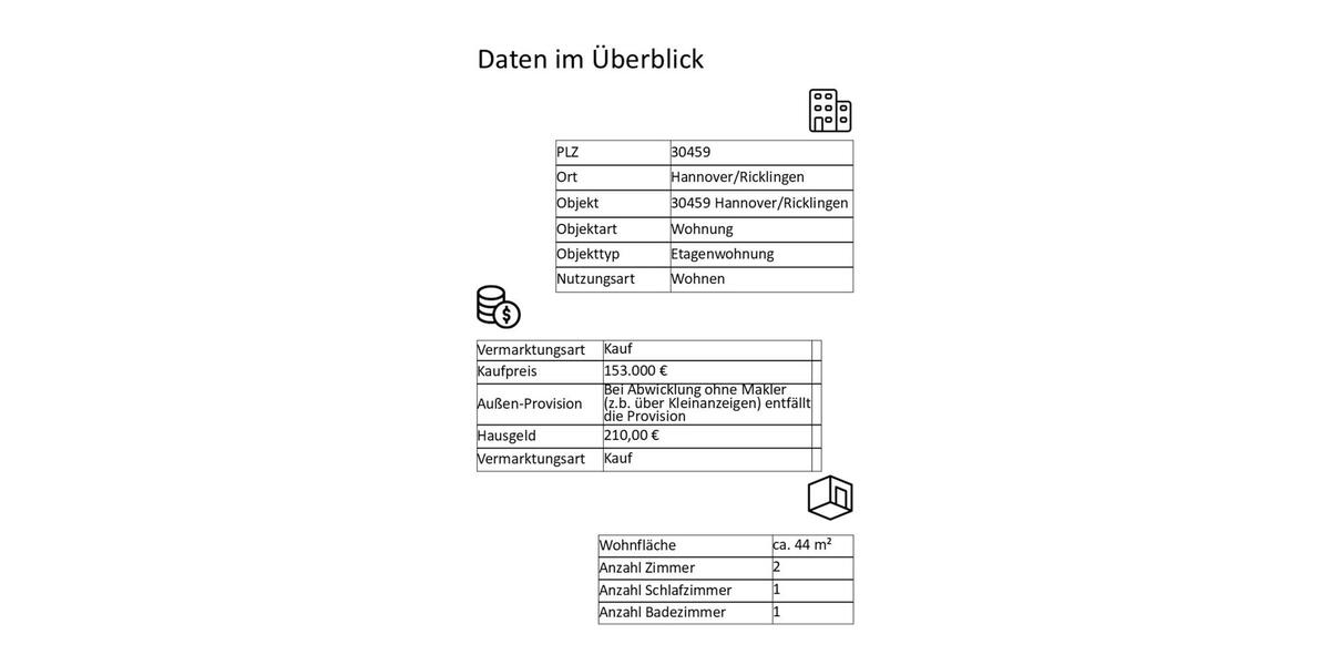 Etagenwohnung Hannover Ricklingen - 2 Zimmer, 44 m&sup2;, 153.000&euro; | Angebot:25810283
