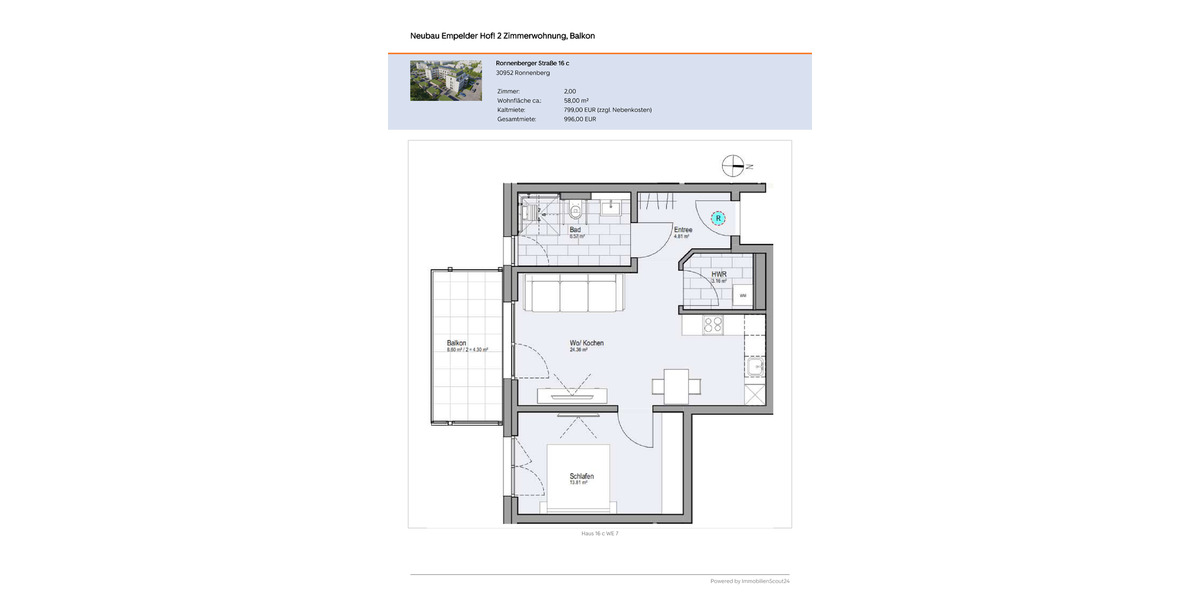 Etagenwohnung Ronnenberg - 2 Zimmer, 58 m&sup2;, 799&euro; | Angebot:25783981