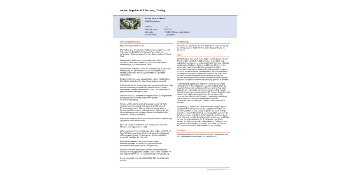 Terrassenwohnung Ronnenberg - 2 Zimmer, 65 m&sup2;, 902&euro; | Angebot:25783980