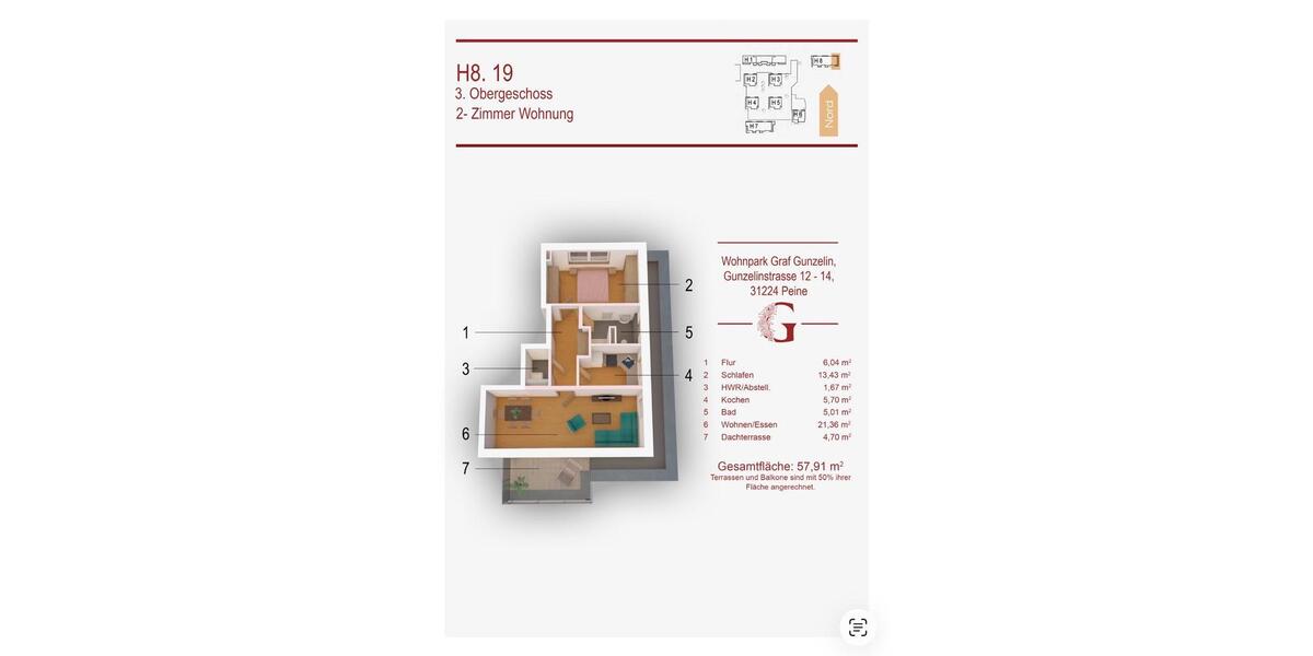 Dachgeschoßwohnung Peine - 2 Zimmer, 57 m&sup2;, 725&euro; | Angebot:25479591
