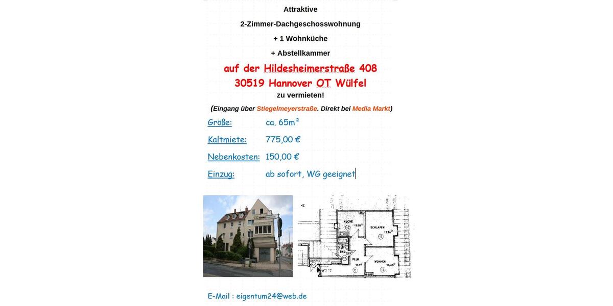 Dachgeschoßwohnung Hannover Döhren-Wülfel - 2 Zimmer, 65 m&sup2;, 775&euro; | Angebot:25794512